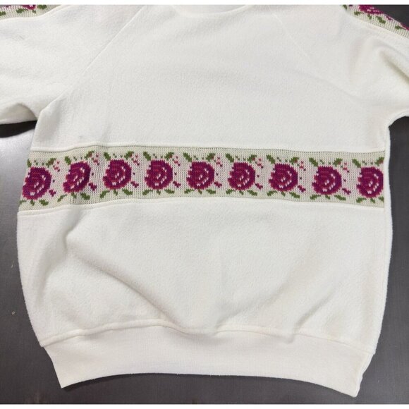 Vintage Justin Allen Knit Roses Women Fleece Cream Long Sleeve Sweatshirt Small - Picture 8 of 11
